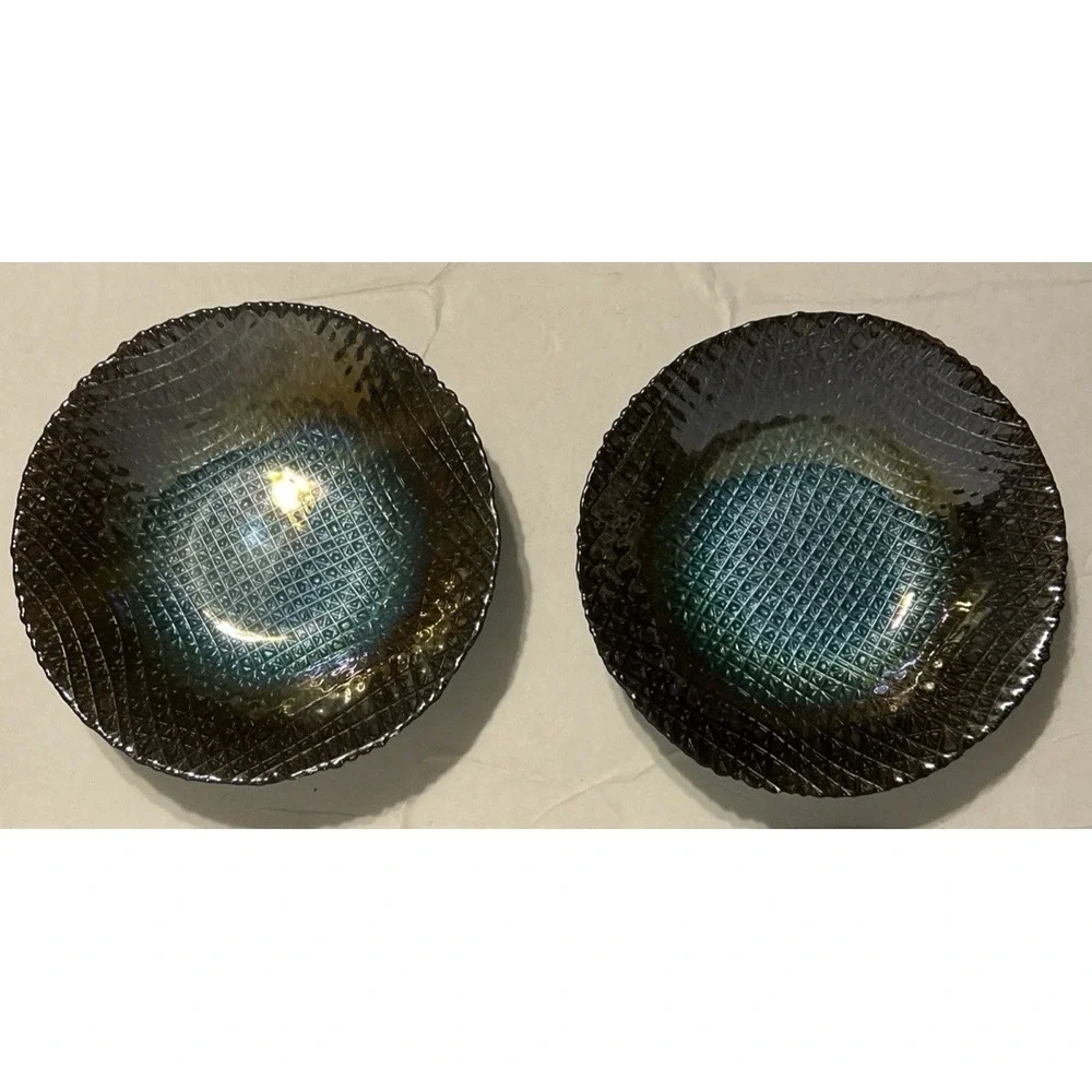 Art Glass Turkish Round Iridescent Multicolored Waffle Bowl Set Of 2 Goofus 8.5